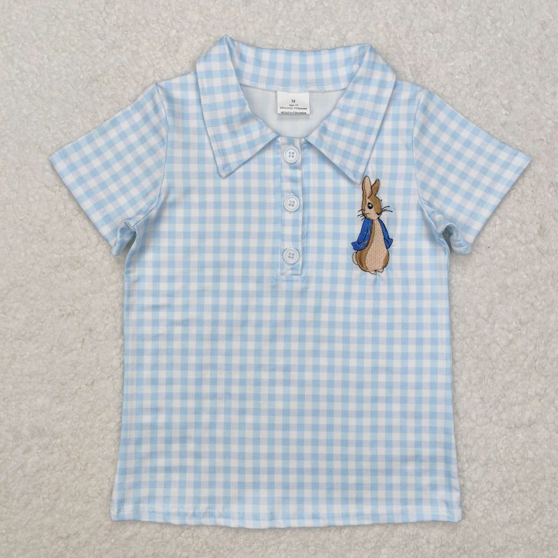 Western Fashion Baby Boys Embroidered Easter Bunny Blue Plaid Short Sleeve Top Wholesale Boutique Children Clothing Shirt