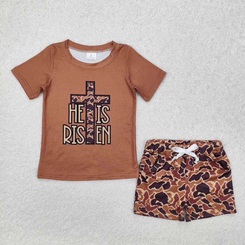 Wholesale New Kids Easter Set Toddler Baby Boy Short Sleeves Cross Cotton Shirt Tee Brown Camo Pocket Shorts Children Outfit - Image 2