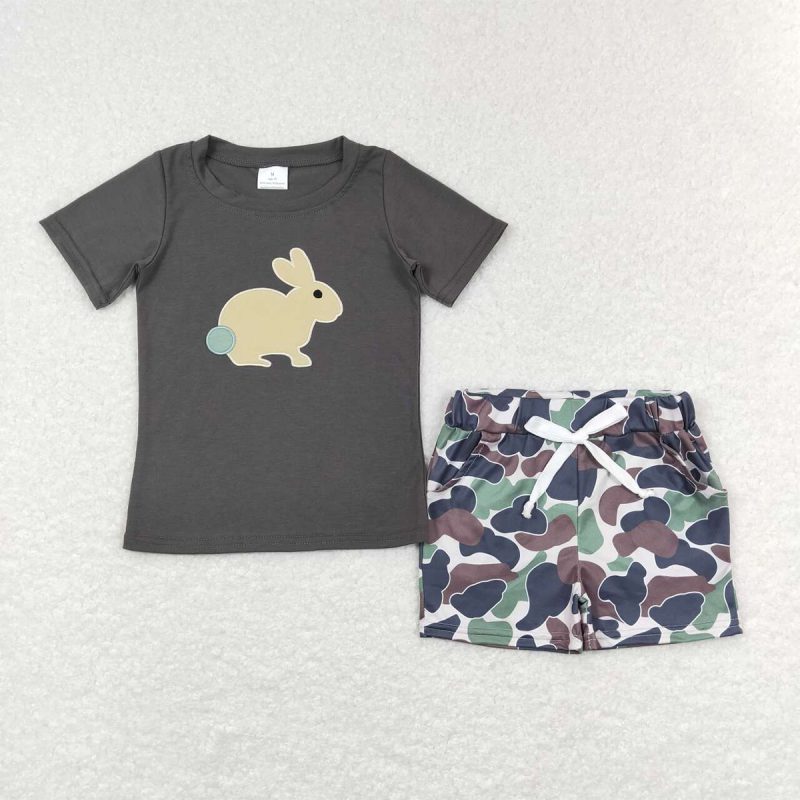 Wholesale New Kids Easter Set Toddler Baby Boy Short Sleeves Cross Cotton Shirt Tee Brown Camo Pocket Shorts Children Outfit - Image 5