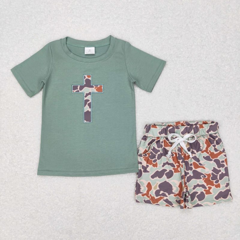 Wholesale New Kids Easter Set Toddler Baby Boy Short Sleeves Cross Cotton Shirt Tee Brown Camo Pocket Shorts Children Outfit - Image 11