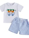 Summer Easter Kids Toddler Boy Outfit Carrot Embroidery Short Sleeve T-shirt Plaid Elastic Waist Shorts Clothes Set