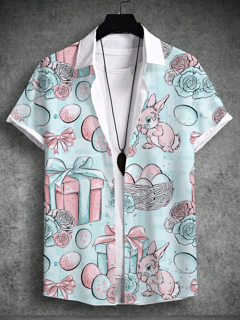 Unisex Shirt Summer Hawaiian Rabbit Egg Happy Easter Turndown Outdoor Street Short Sleeve Button-Down Print Men's Clothing