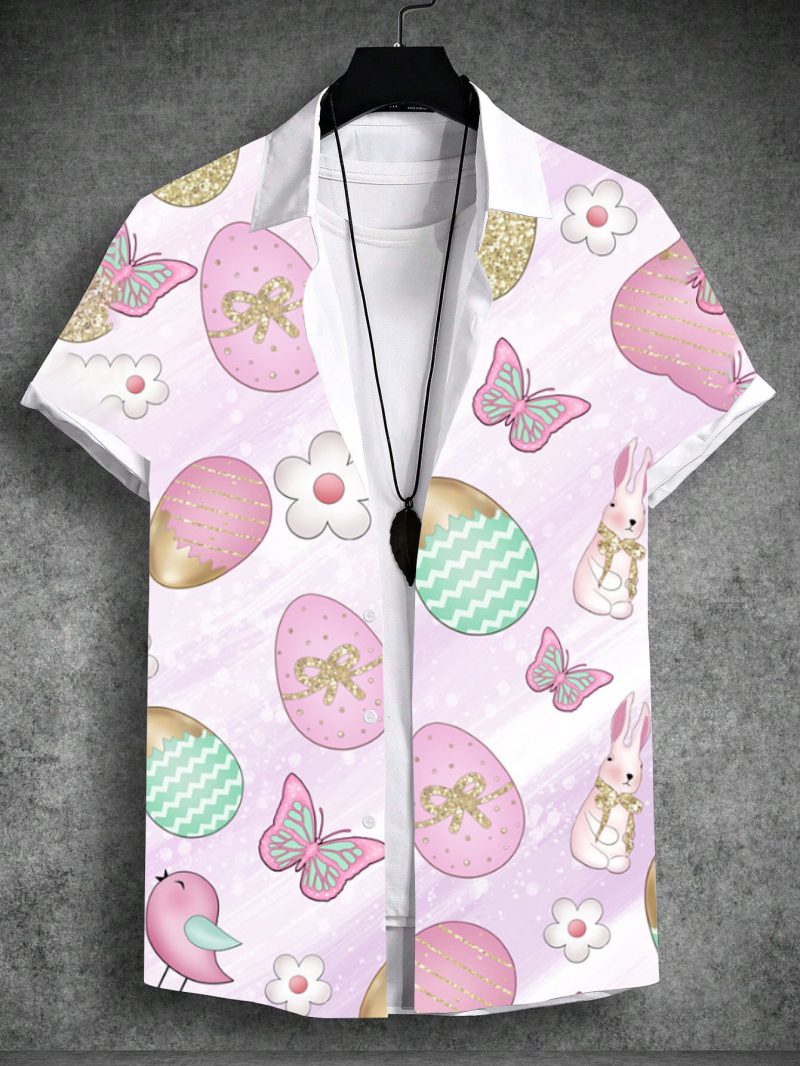 Unisex Shirt Summer Hawaiian Rabbit Egg Happy Easter Turndown Outdoor Street Short Sleeve Button-Down Print Men's Clothing - Image 2