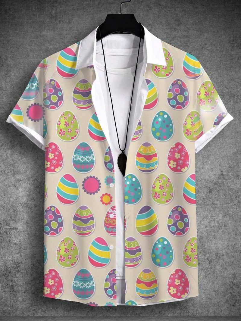 Unisex Shirt Summer Hawaiian Rabbit Egg Happy Easter Turndown Outdoor Street Short Sleeve Button-Down Print Men's Clothing - Image 3