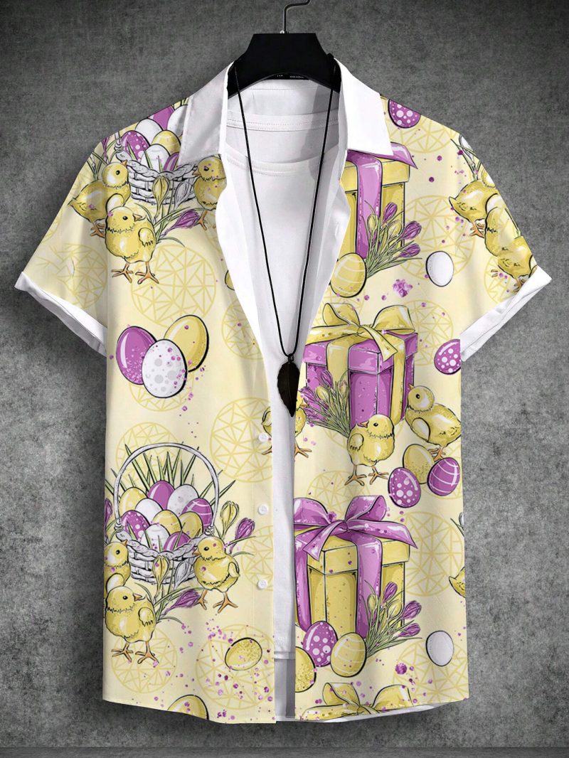 Unisex Shirt Summer Hawaiian Rabbit Egg Happy Easter Turndown Outdoor Street Short Sleeve Button-Down Print Men's Clothing - Image 5