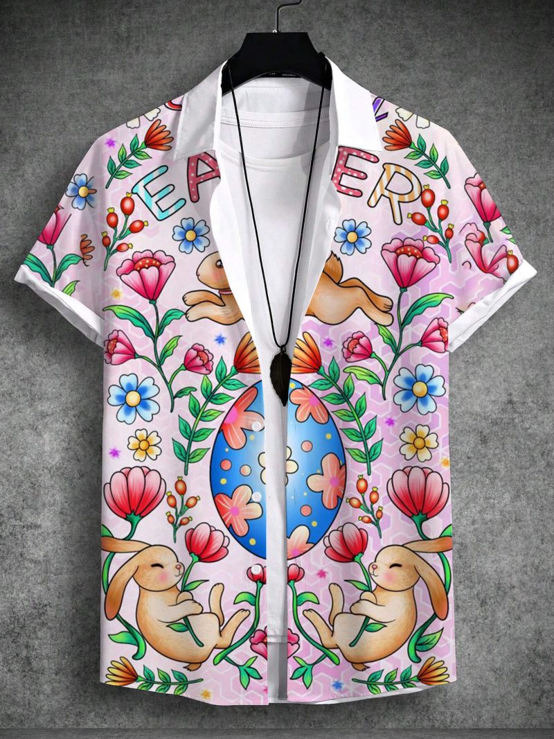 Summer Hawaiian Shirt Unisex Rabbit Egg Happy Easter Turndown Outdoor Street Short Sleeve Button-Down Print Men's Clothing - Image 2