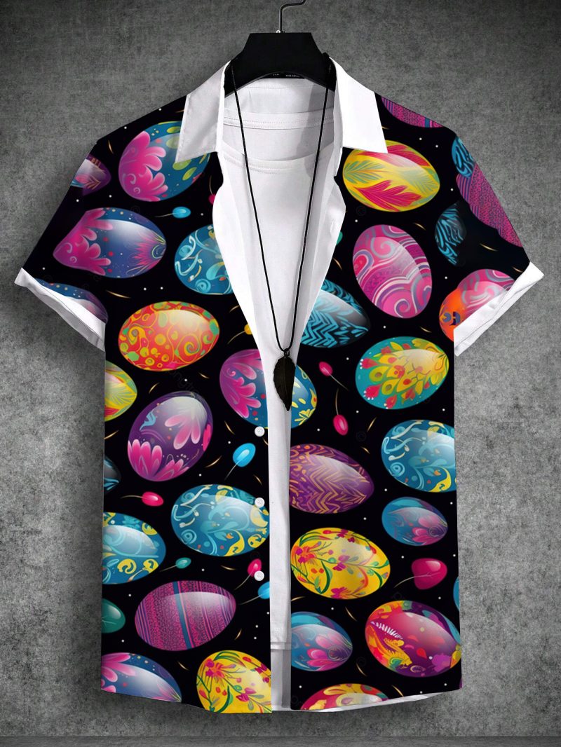 Summer Hawaiian Shirt Unisex Rabbit Egg Happy Easter Turndown Outdoor Street Short Sleeve Button-Down Print Men's Clothing - Image 3