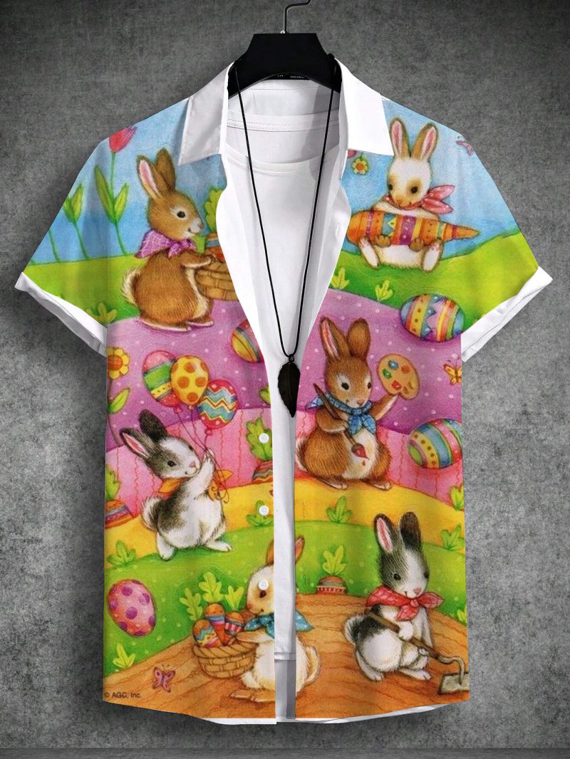 Summer Hawaiian Shirt Unisex Rabbit Egg Happy Easter Turndown Outdoor Street Short Sleeve Button-Down Print Men's Clothing - Image 5