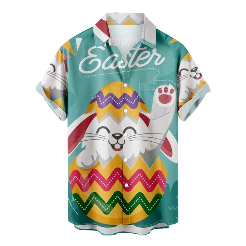 Happy Easter Hawaiian Shirts For Men Rabbit Egg Printed Button Down Shirts Summer Casual Holiday Beach Party Shirt Women Clothes