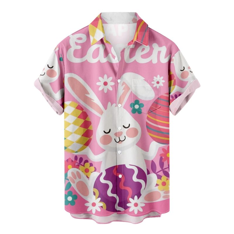 Happy Easter Hawaiian Shirts For Men Rabbit Egg Printed Button Down Shirts Summer Casual Holiday Beach Party Shirt Women Clothes - Image 2