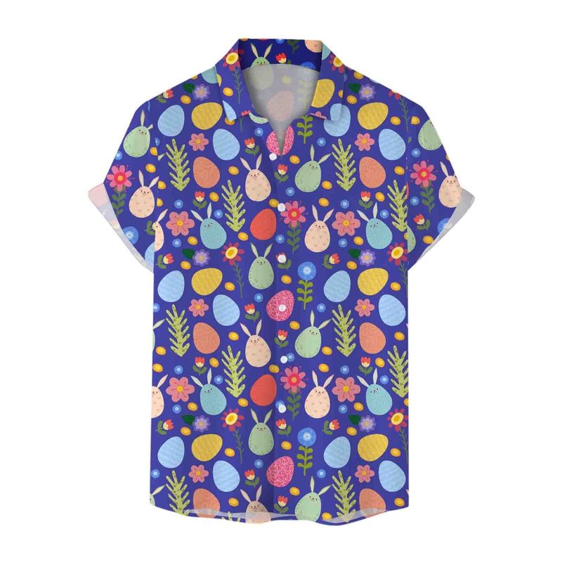 Mens Fashion Casual Personality Easter 3D Digital Printing Rabbit Printing Short Sleeve Shirt