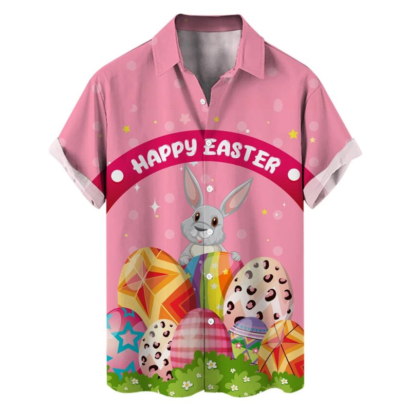Happy Easter Day Cartoon Mens Rabbit Eggs Hawaiian Shirts 3D Printed Beach Shirt Women Clothes Kids Kawaii Shirts Button Tops