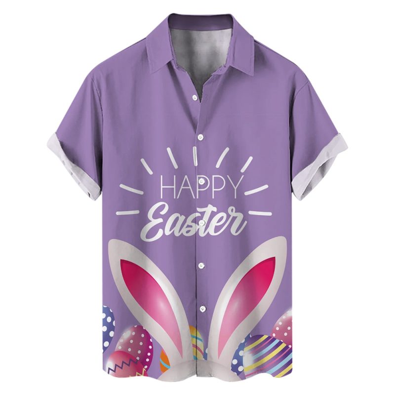 Happy Easter Day Kawaii Men Cartoon Rabbit Hawaiian Shirts 3D Printed Beach Shirt Women Clothe Kids Colored Egg Shirt Button Top - Image 2