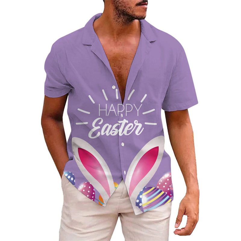 Happy Easter Day Kawaii Men Cartoon Rabbit Hawaiian Shirts 3D Printed Beach Shirt Women Clothe Kids Colored Egg Shirt Button Top - Image 4