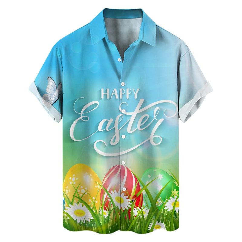 Happy Easter Day Kawaii Men Cartoon Rabbit Hawaiian Shirts 3D Printed Beach Shirt Women Clothe Kids Colored Egg Shirt Button Top - Image 9
