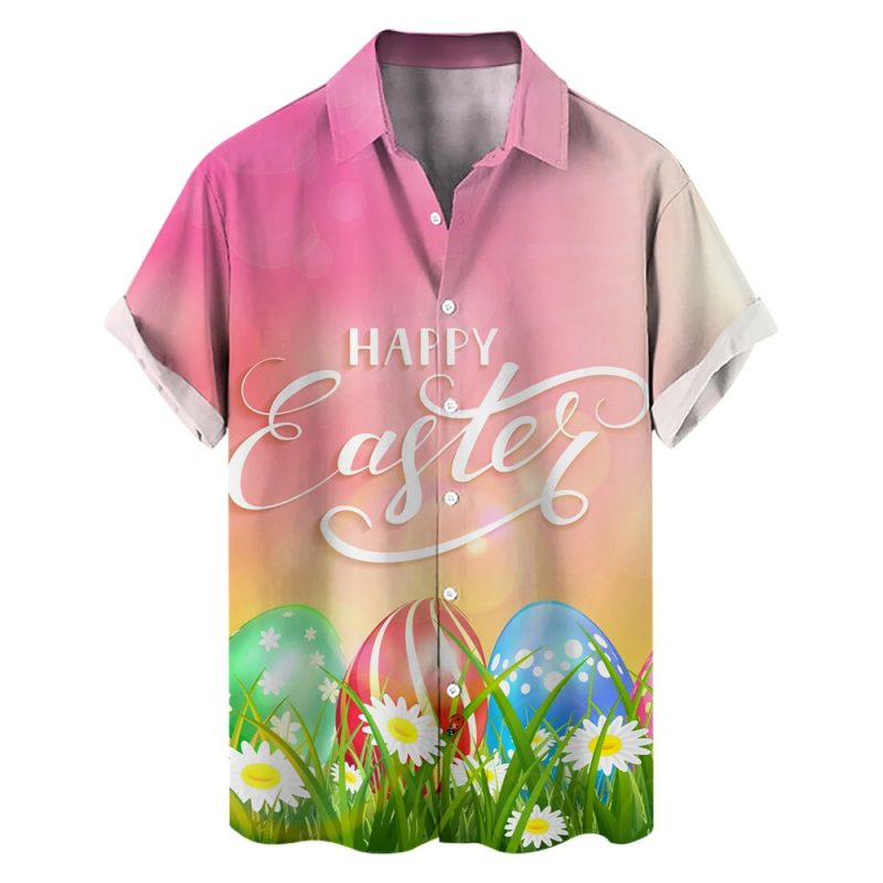 Happy Easter Day Kawaii Men Cartoon Rabbit Hawaiian Shirts 3D Printed Beach Shirt Women Clothe Kids Colored Egg Shirt Button Top - Image 21