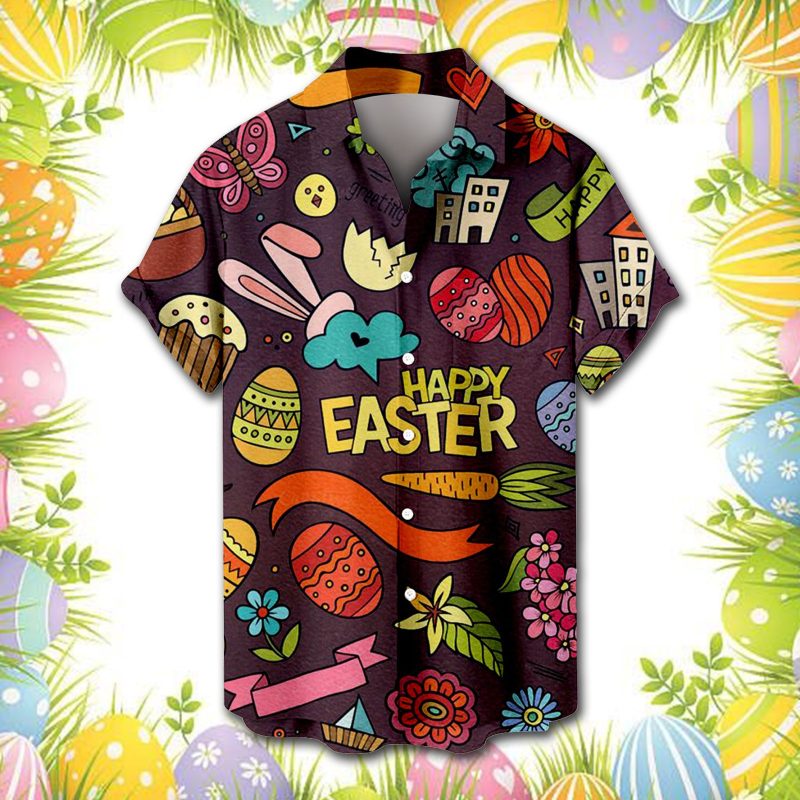 Male Spring And Summer Easter Day Short Shirt Lapel Fully Printed Printed Single Breasted Shirt With Pocket