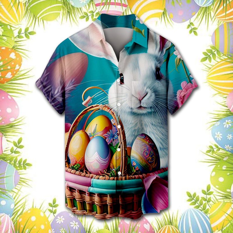 Male Spring And Summer Easter Day Short Shirt Lapel Fully Printed Printed Single Breasted Shirt With Pocket - Image 2