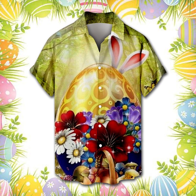 Male Spring And Summer Easter Day Short Shirt Lapel Fully Printed Printed Single Breasted Shirt With Pocket - Image 3