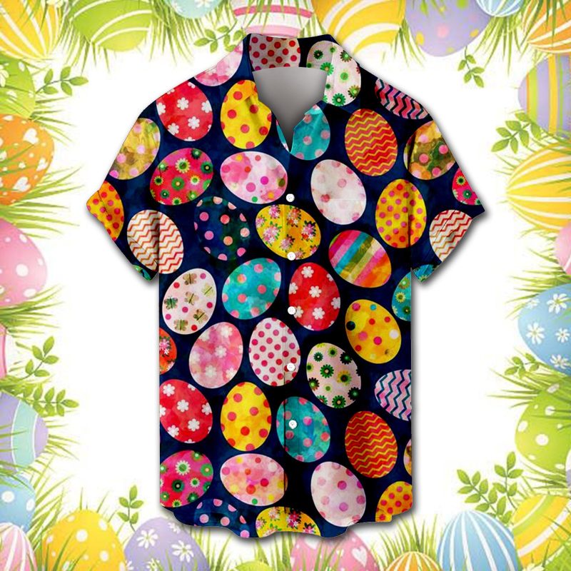 Male Spring And Summer Easter Day Short Shirt Lapel Fully Printed Printed Single Breasted Shirt With Pocket - Image 4