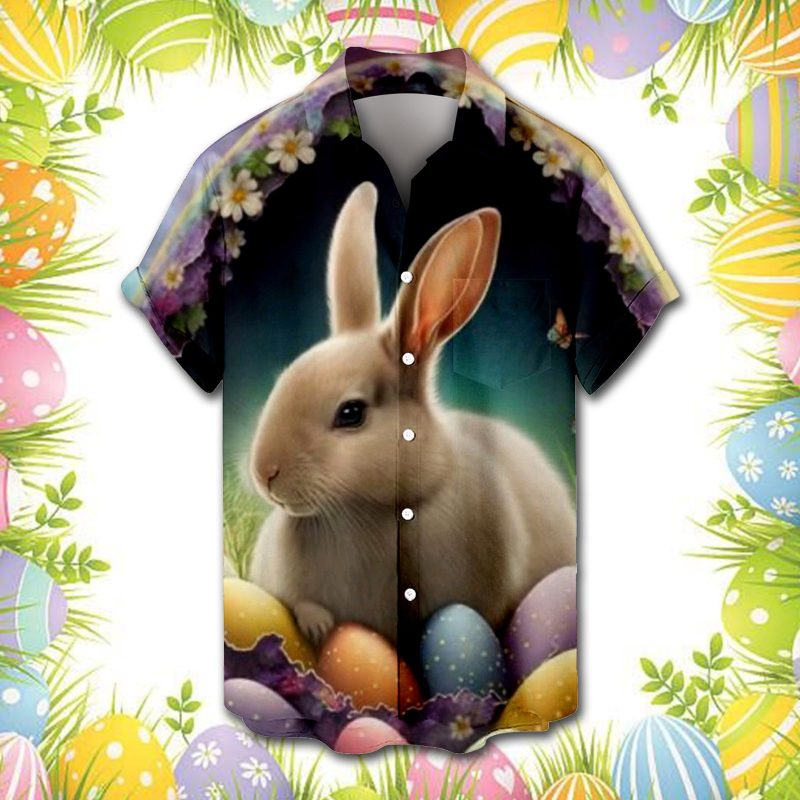 Male Spring And Summer Easter Day Short Shirt Lapel Fully Printed Printed Single Breasted Shirt With Pocket - Image 5