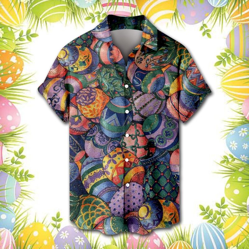 Male Spring And Summer Easter Day Short Shirt Lapel Fully Printed Printed Single Breasted Shirt With Pocket - Image 6