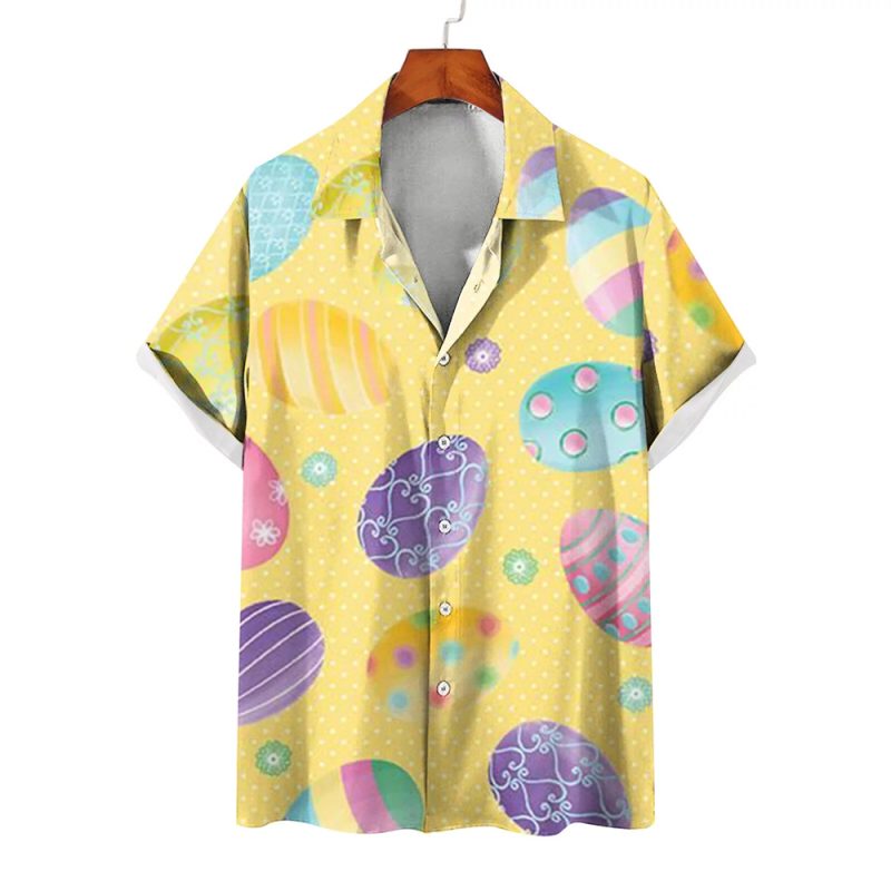 Funny Easter New Hawaiian Shirts For Men Rabbit Egg Printed Button Down Shirts Summer Casual Holiday Beach Party Shirt Clothes