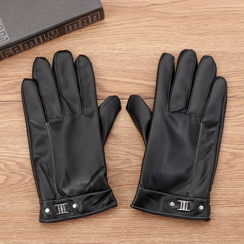 Men's Fleece Thermal Leather Gloves Winter Warm Touch Screen Windproof Waterproof Driving Gloves Full Finger Black Gloves - Image 2