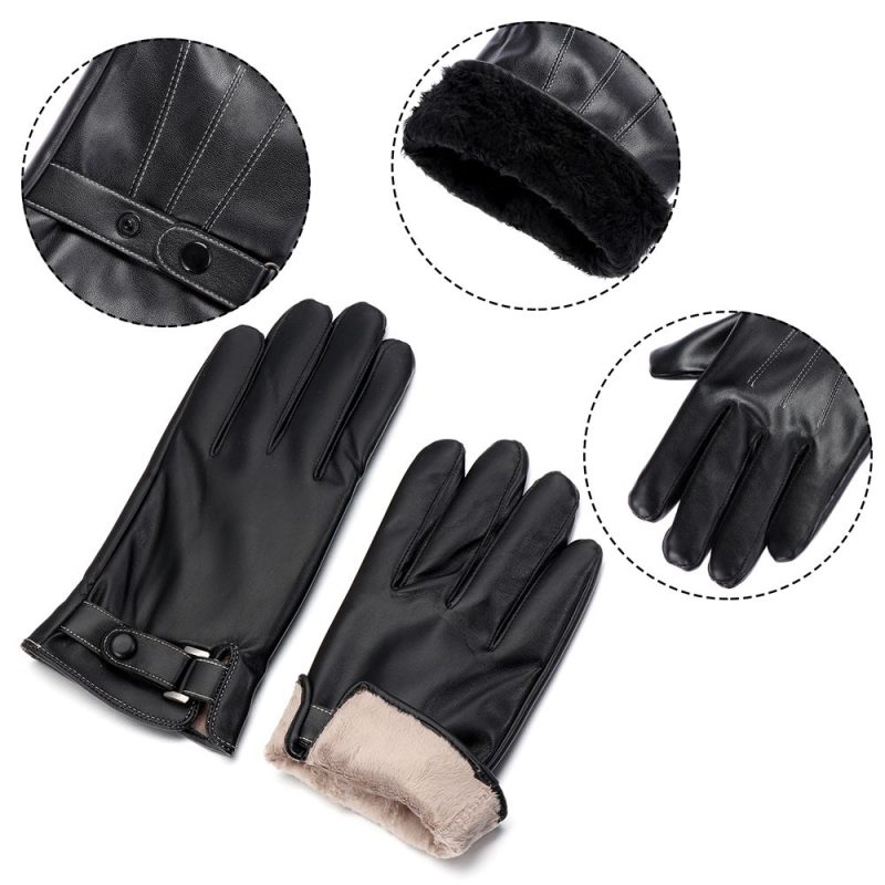 Men's Fleece Thermal Leather Gloves Winter Warm Touch Screen Windproof Waterproof Driving Gloves Full Finger Black Gloves - Image 3