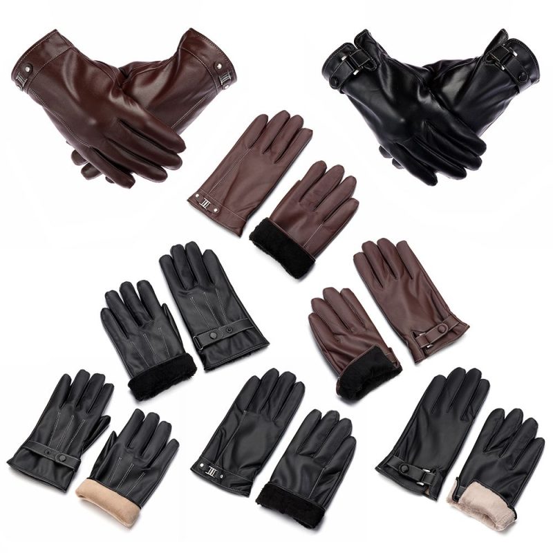 Men's Fleece Thermal Leather Gloves Winter Warm Touch Screen Windproof Waterproof Driving Gloves Full Finger Black Gloves - Image 4
