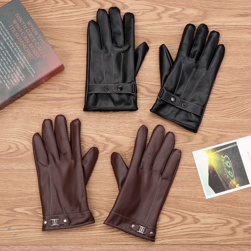 Men's Fleece Thermal Leather Gloves Winter Warm Touch Screen Windproof Waterproof Driving Gloves Full Finger Black Gloves - Image 5