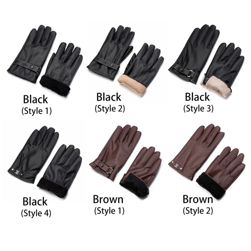 Men's Fleece Thermal Leather Gloves Winter Warm Touch Screen Windproof Waterproof Driving Gloves Full Finger Black Gloves - Image 6