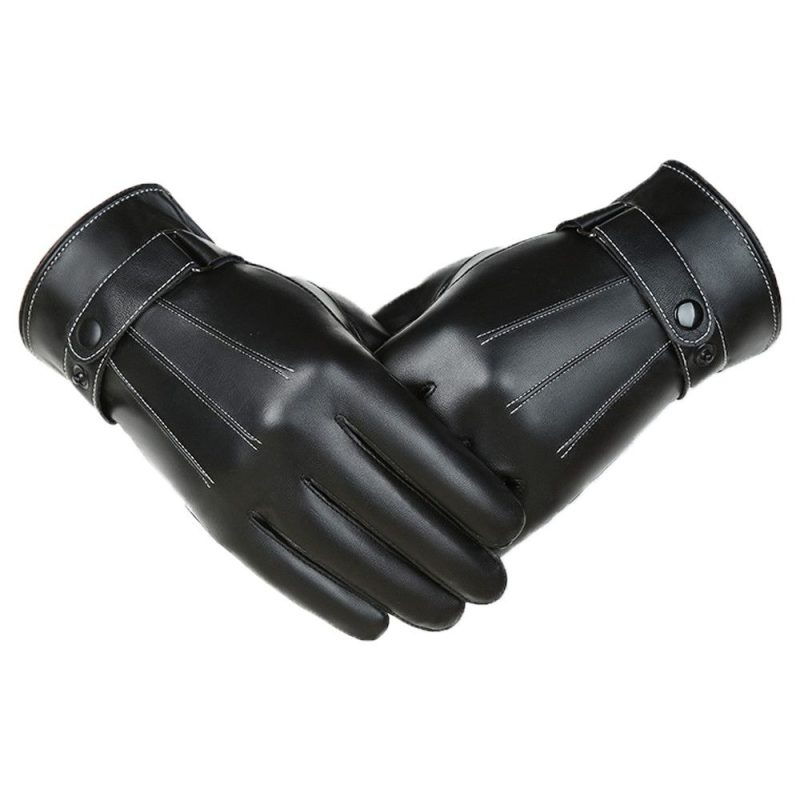 Men's Fleece Thermal Leather Gloves Winter Warm Touch Screen Windproof Waterproof Driving Gloves Full Finger Black Gloves - Image 7