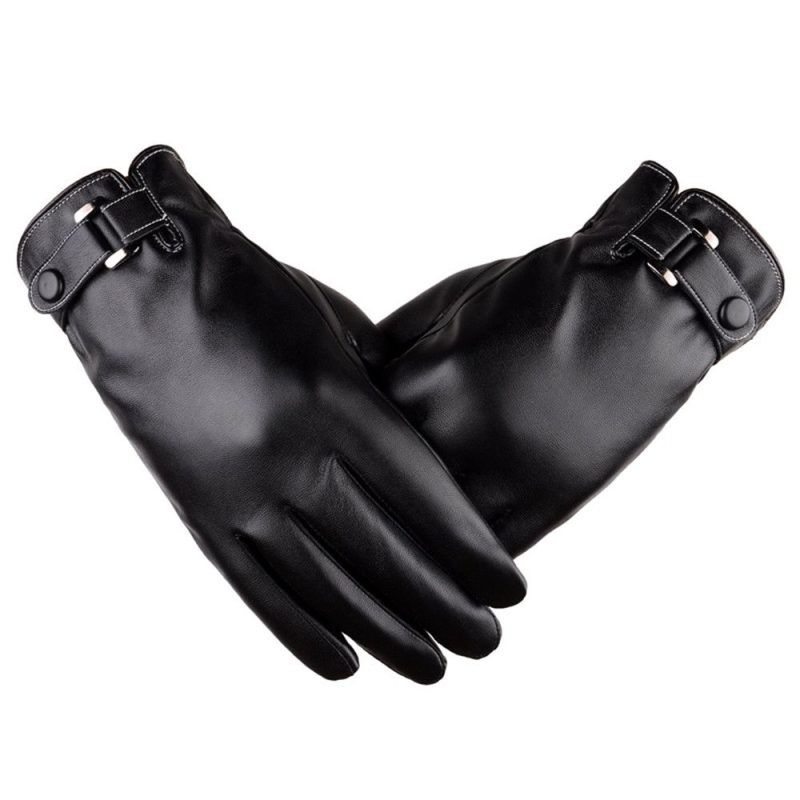 Men's Fleece Thermal Leather Gloves Winter Warm Touch Screen Windproof Waterproof Driving Gloves Full Finger Black Gloves - Image 8