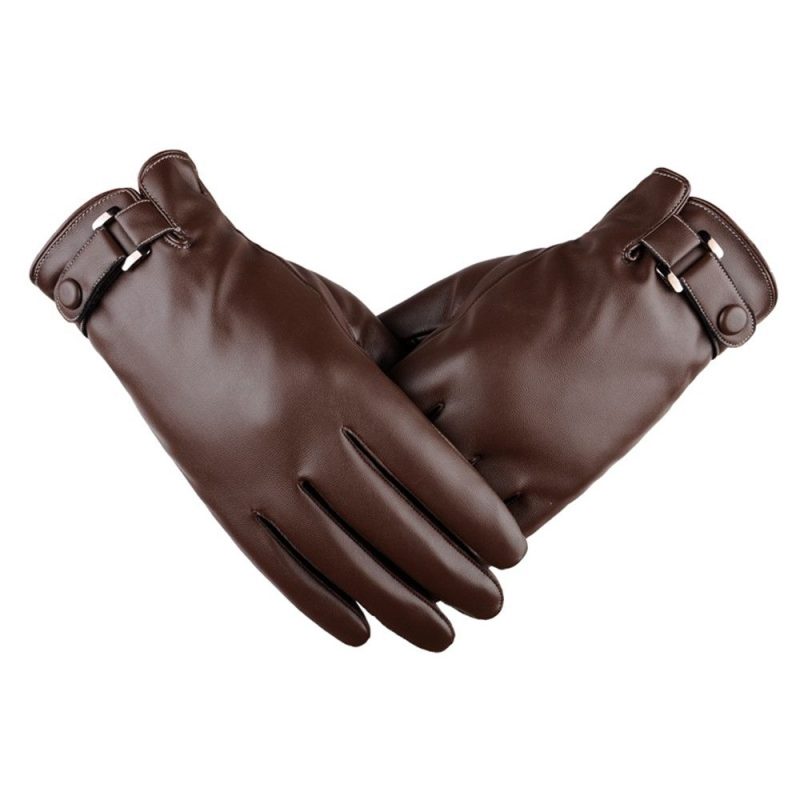 Men's Fleece Thermal Leather Gloves Winter Warm Touch Screen Windproof Waterproof Driving Gloves Full Finger Black Gloves - Image 10