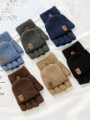 Men's Winter Gloves Flip Warm Writing Mittens Student Half Finger Flip Thermal Jacquard Knit Male Soft Elastic Business Gloves