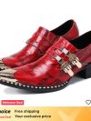 High-end red buckle pointed high-heeled leather men's shoes suit men's snake black dress party shoes.