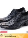 Italian men's flat top loafers, black men's dresses, casual shoes, checkered printed wedding high heels, leather shoes for men