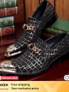 Luxury Men's Oxford Loafers, Black Metal Pointed Toe Leather Dress Shoes, Italian Handmade Formal Shoes for Business & Wedding