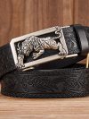 Fashion Tiger Buckle with Tang Grass Pattern Leather Belt for Men Work of Art Belt Automatic Buckle Business Belt