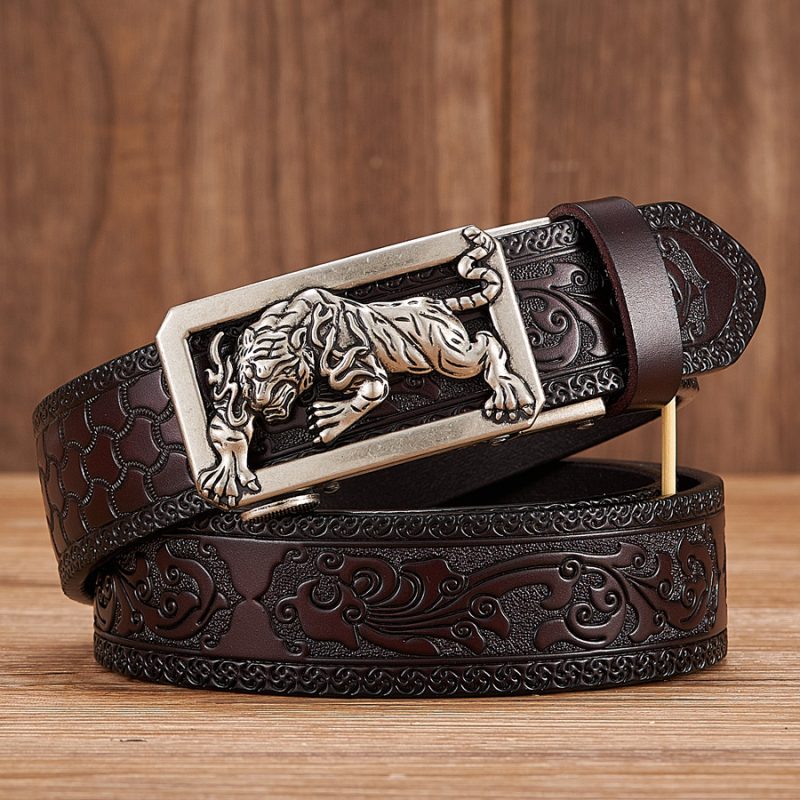Fashion Tiger Buckle with Tang Grass Pattern Leather Belt for Men Work of Art Belt Automatic Buckle Business Belt - Image 3