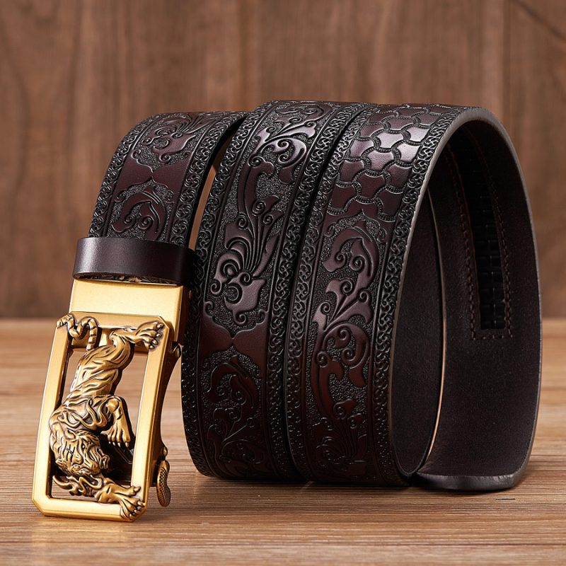 Fashion Tiger Buckle with Tang Grass Pattern Leather Belt for Men Work of Art Belt Automatic Buckle Business Belt - Image 5