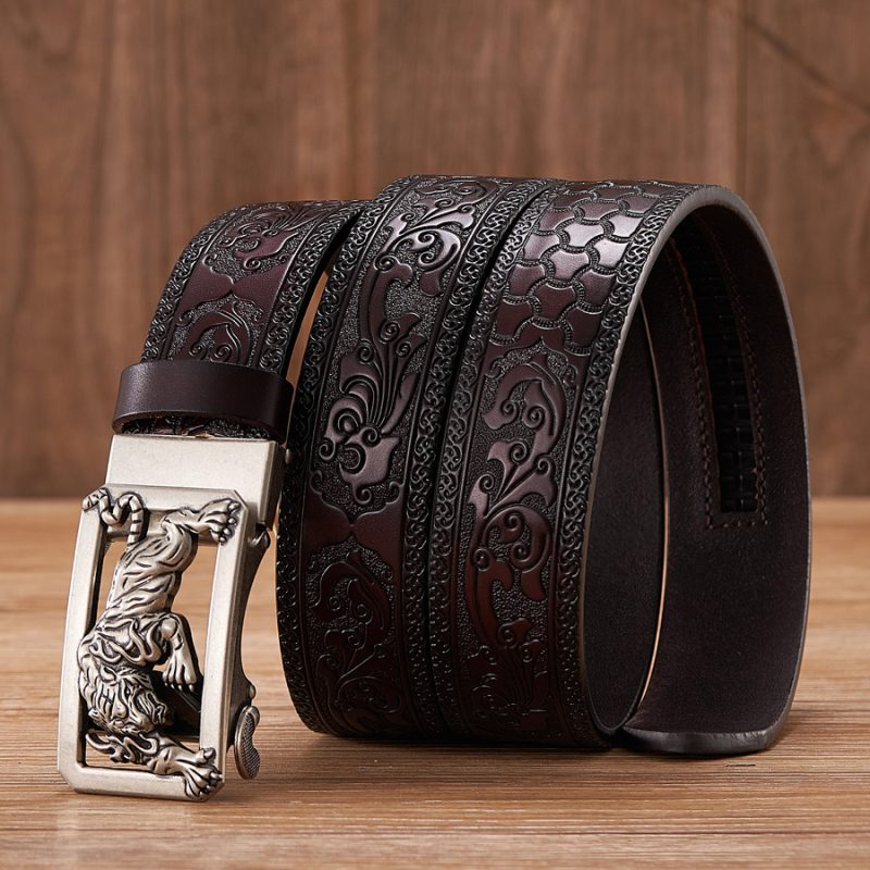 Fashion Tiger Buckle with Tang Grass Pattern Leather Belt for Men Work of Art Belt Automatic Buckle Business Belt - Image 6