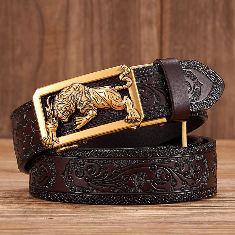 Fashion Tiger Buckle with Tang Grass Pattern Leather Belt for Men Work of Art Belt Automatic Buckle Business Belt - Image 8
