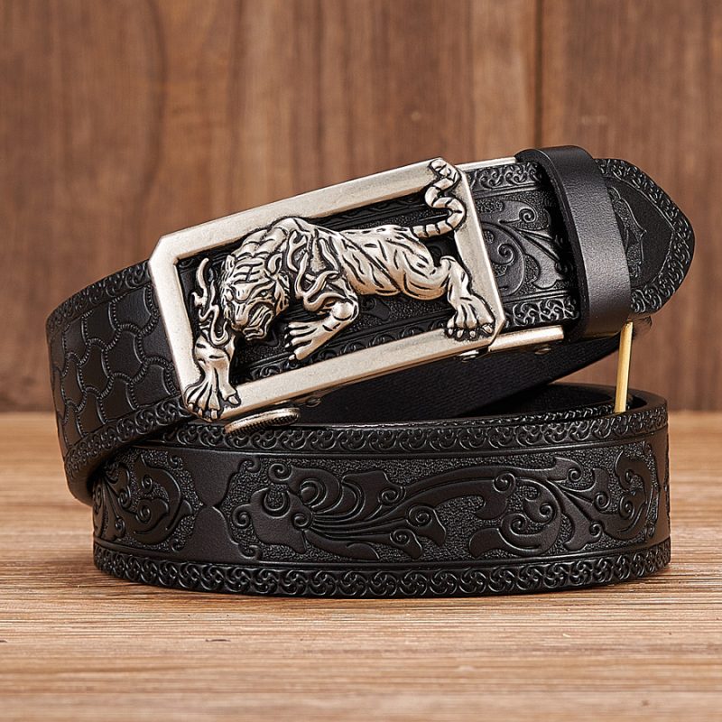 Fashion Tiger Buckle with Tang Grass Pattern Leather Belt for Men Work of Art Belt Automatic Buckle Business Belt - Image 9