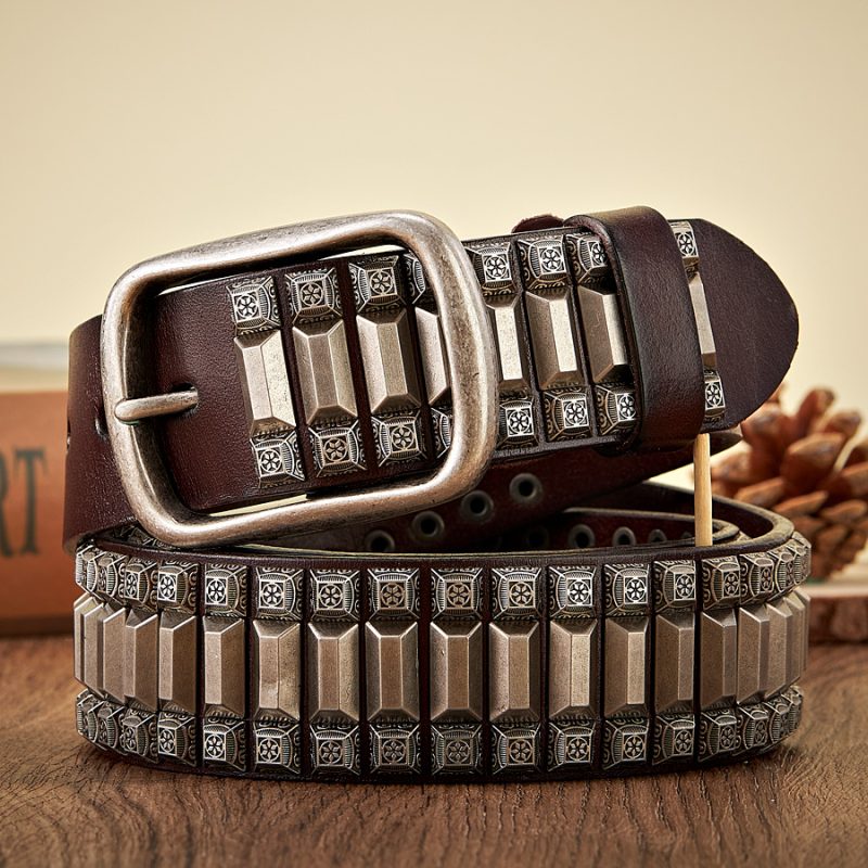 New Cowboy Motorcycle Jeans Heavy Metal Rivet Belts For Men Genuine Leather Belt Punk Rock Male Strap Ceinture Homme - Image 2