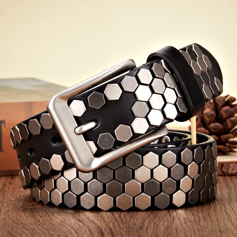 3.8cm Width Men Rivet Studded Belt Punk With Pin Buckle Belts Hip Hop Male High Quality Genuine Leather Belt Rock Strap