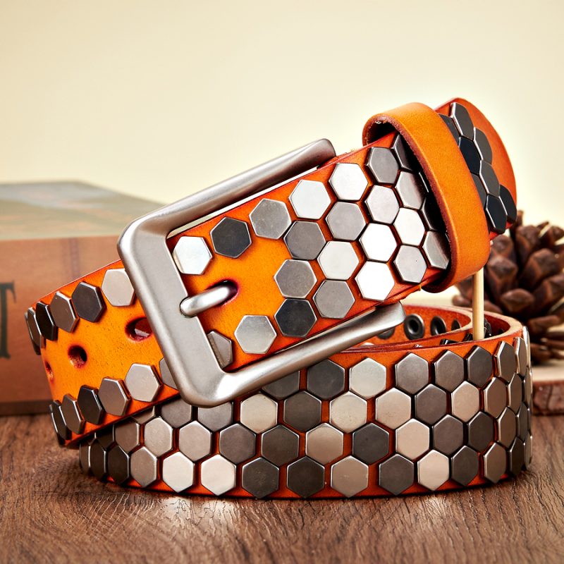 3.8cm Width Men Rivet Studded Belt Punk With Pin Buckle Belts Hip Hop Male High Quality Genuine Leather Belt Rock Strap - Image 2
