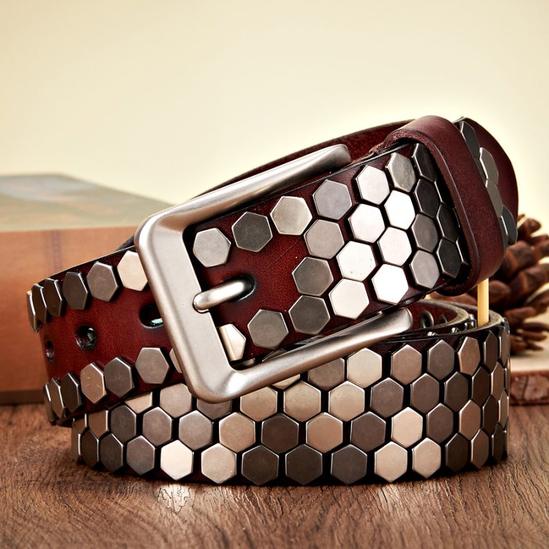 3.8cm Width Men Rivet Studded Belt Punk With Pin Buckle Belts Hip Hop Male High Quality Genuine Leather Belt Rock Strap - Image 3