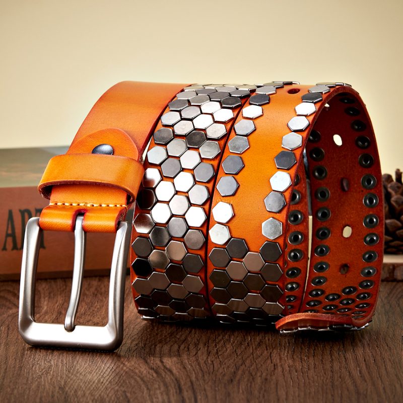 3.8cm Width Men Rivet Studded Belt Punk With Pin Buckle Belts Hip Hop Male High Quality Genuine Leather Belt Rock Strap - Image 5
